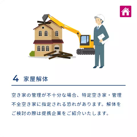 4 家屋解体 空き家の管理が不十分な場合、特定空き家・管理不全空き家に指定される恐れがあります。解体をご検討の際は提携企業をご紹介いたします。